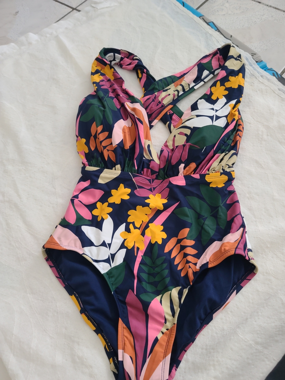 Girls' Navy Floral One-Piece Swimsuit - Pink, Yellow & Green
